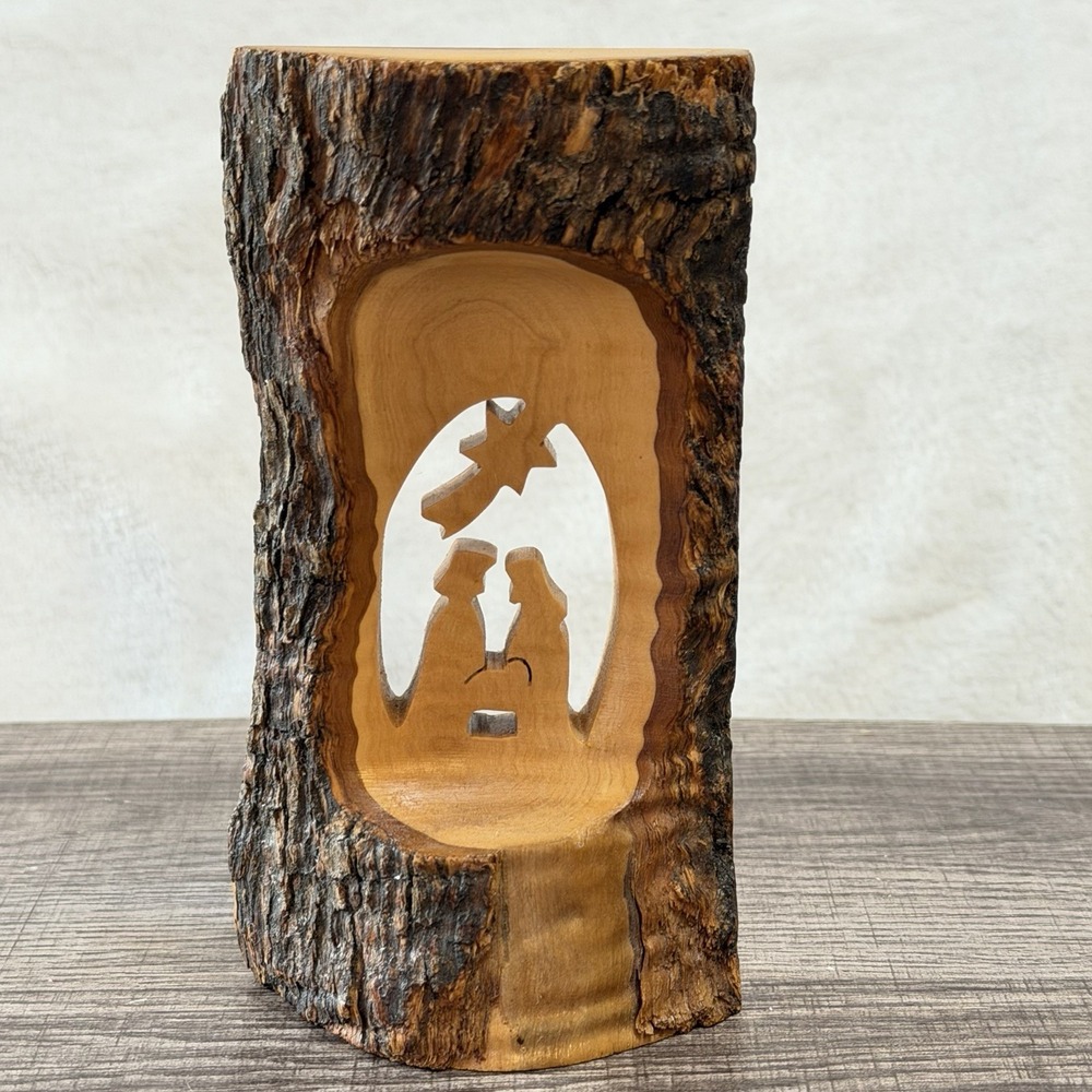 Wood Carved Nativity Shelf Scene 3D Decor Religious Faux? Tree Bark Style